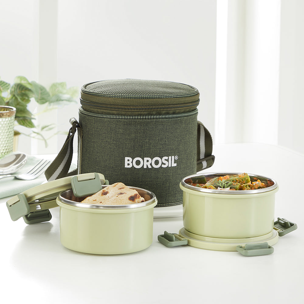 Borosil Glory Round Green Lunchbox Set of 2, 280ml