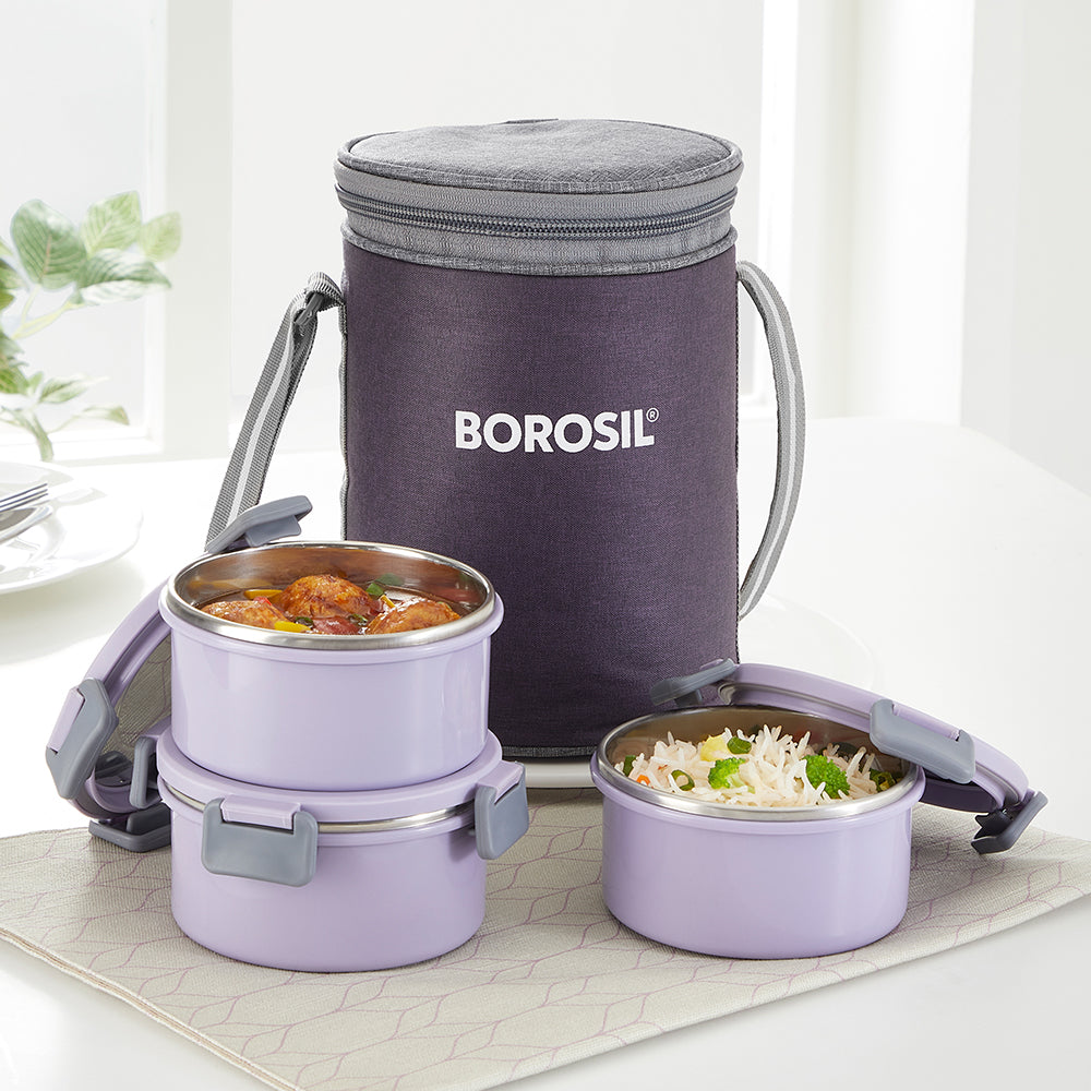 Borosil Glory Round Lunchbox, Set of 3, 280ml