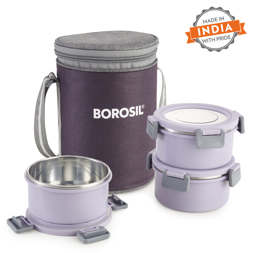 Borosil Glory Round Lunchbox, Set of 3, 280ml