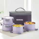 Borosil Glory Round Lunchbox, Lavender, Set of 4, 280ml x 2 + 460ml x 2