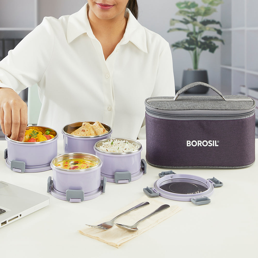 Borosil Glory Round Lunchbox, Lavender, Set of 4, 280ml x 2 + 460ml x 2