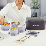 Borosil Glory Round Lunchbox, Lavender, Set of 4, 280ml x 2 + 460ml x 2