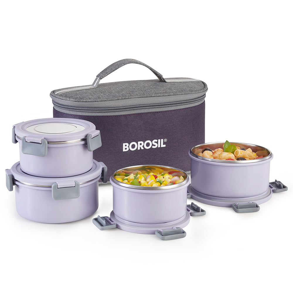 Borosil Glory Round Lunchbox, Lavender, Set of 4, 280ml x 2 + 460ml x 2
