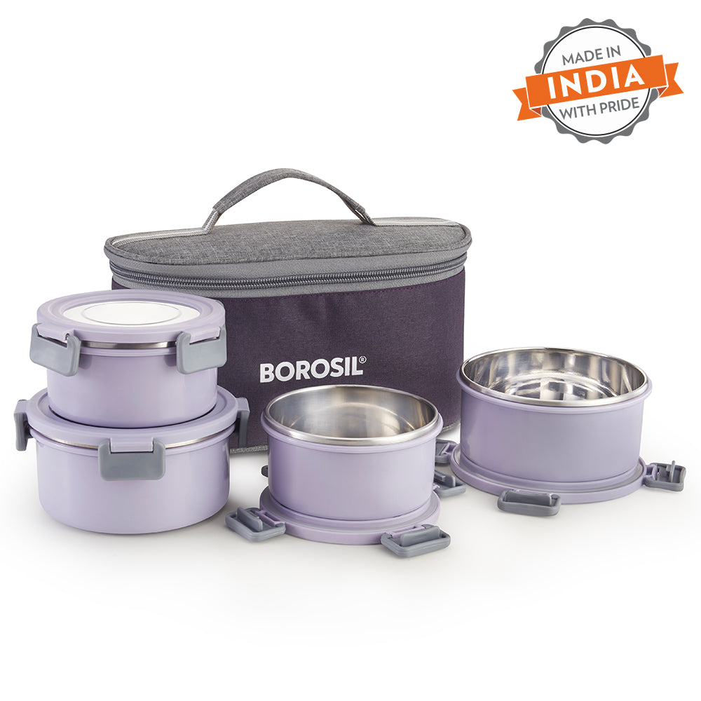Borosil Glory Round Lunchbox, Lavender, Set of 4, 280ml x 2 + 460ml x 2
