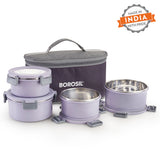 Borosil Glory Round Lunchbox, Lavender, Set of 4, 280ml x 2 + 460ml x 2