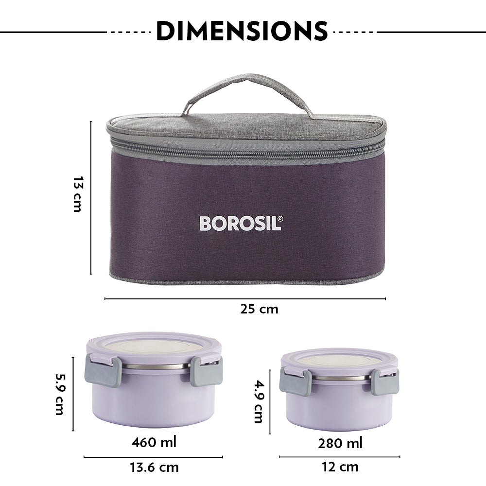 Borosil Glory Round Lunchbox, Lavender, Set of 4, 280ml x 2 + 460ml x 2