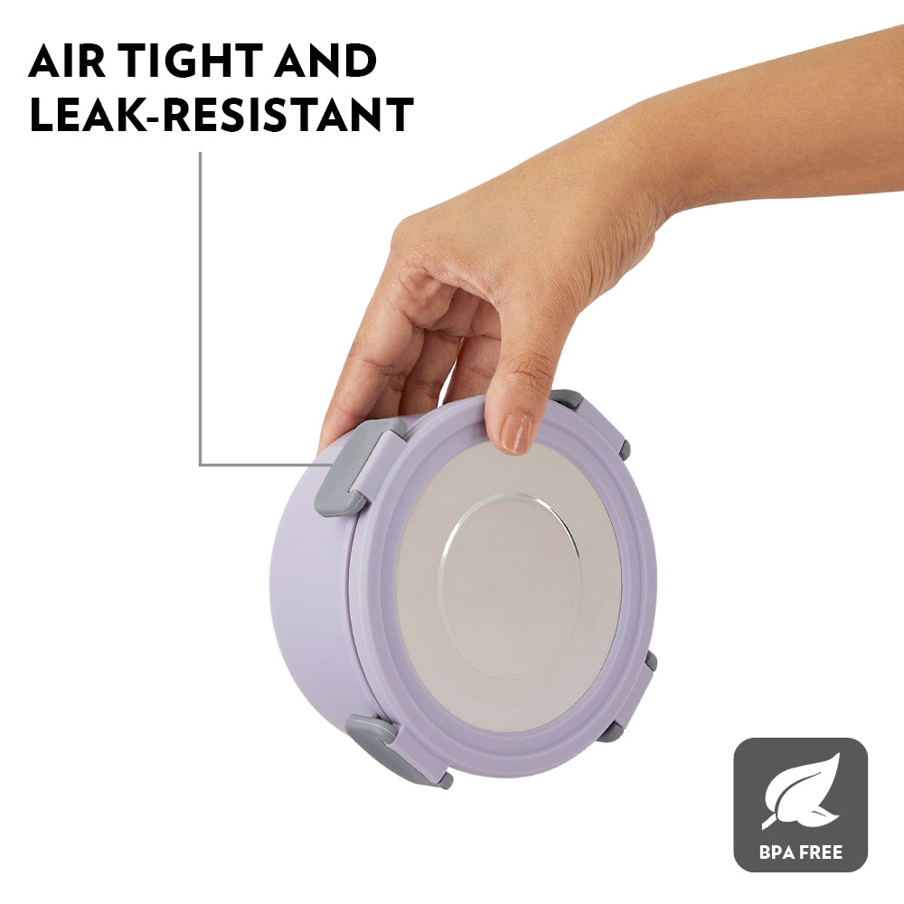 Borosil Glory Round Lunchbox, Lavender, Set of 4, 280ml x 2 + 460ml x 2