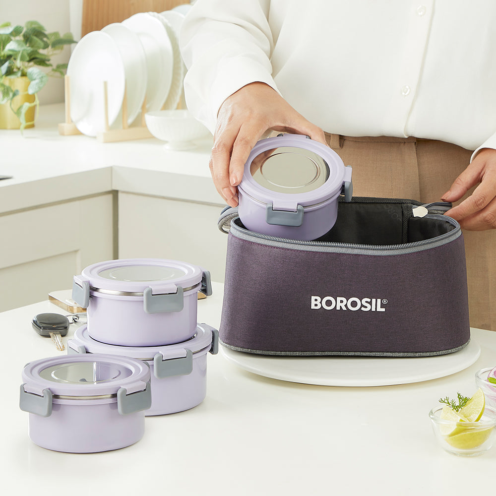 Borosil Glory Round Lunchbox, Lavender, Set of 4, 280ml x 2 + 460ml x 2