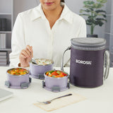 Borosil Glory Round Lavender Lunchbox, Set of 3, 280ml x 2 + 460ml