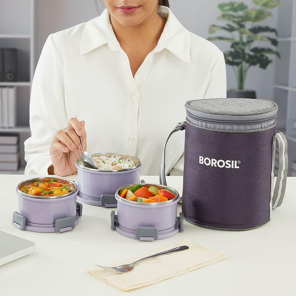 Borosil Glory Round Lavender Lunchbox, Set of 3, 280ml x 2 + 460ml
