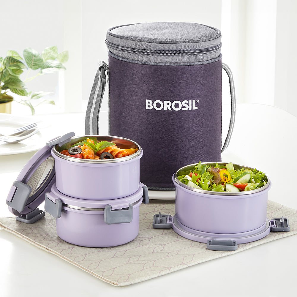 Borosil Glory Round Lavender Lunchbox, Set of 3, 280ml x 2 + 460ml