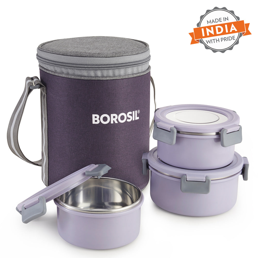 Borosil Glory Round Lavender Lunchbox, Set of 3, 280ml x 2 + 460ml