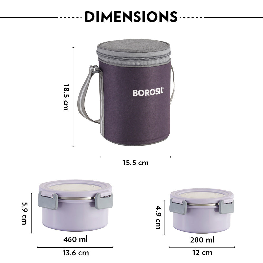 Borosil Glory Round Lavender Lunchbox, Set of 3, 280ml x 2 + 460ml