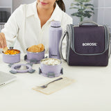 Borosil Glory Round Lunchbox with Stainless Steel Bottle, Lavender, Set of 4, 280ml x 3 + 600ml (Bottle)
