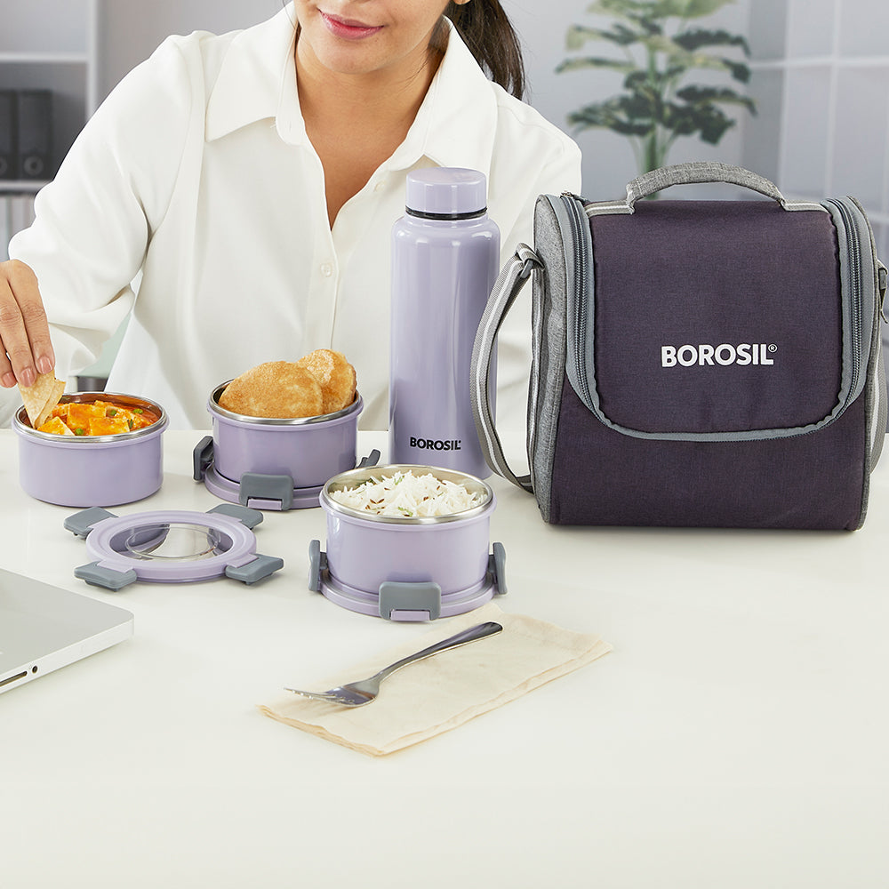 Borosil Glory Round Lunchbox with Stainless Steel Bottle, Lavender, Set of 4, 280ml x 3 + 600ml (Bottle)