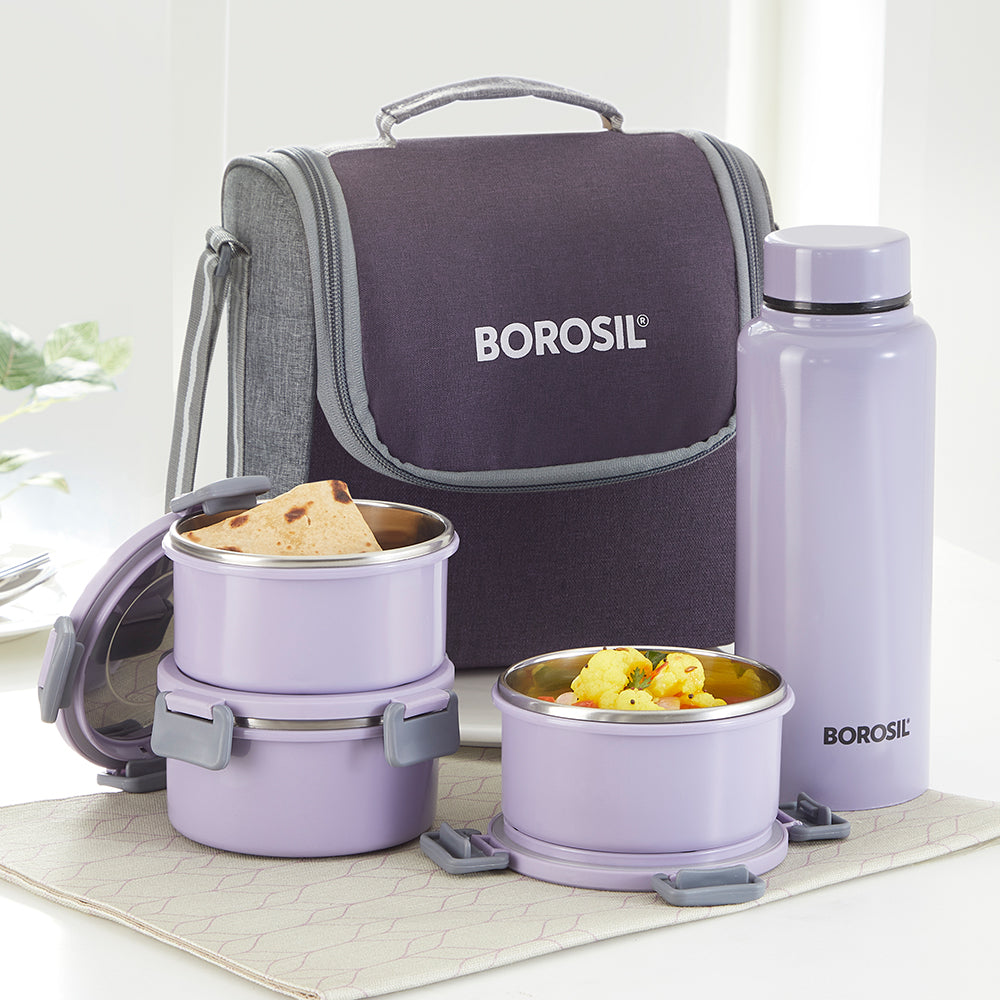 Borosil Glory Round Lunchbox with Stainless Steel Bottle, Lavender, Set of 4, 280ml x 3 + 600ml (Bottle)