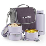 Borosil Glory Round Lunchbox with Stainless Steel Bottle, Lavender, Set of 4, 280ml x 3 + 600ml (Bottle)