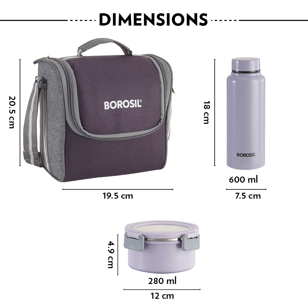 Borosil Glory Round Lunchbox with Stainless Steel Bottle, Lavender, Set of 4, 280ml x 3 + 600ml (Bottle)