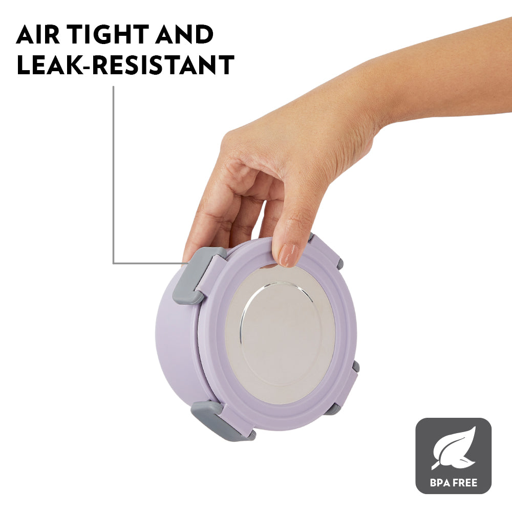 Borosil Glory Round Lunchbox with Stainless Steel Bottle, Lavender, Set of 4, 280ml x 3 + 600ml (Bottle)
