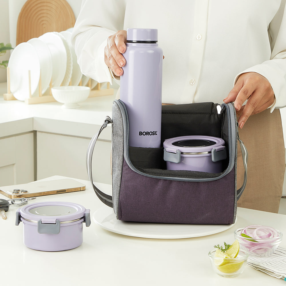Borosil Glory Round Lunchbox with Stainless Steel Bottle, Lavender, Set of 4, 280ml x 3 + 600ml (Bottle)