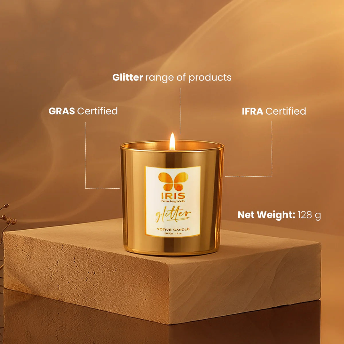 IRIS Gold Glass Votive 128gm