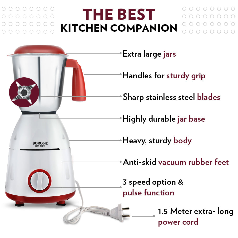 Borosil Powerful Mixer Grinder for Everyday Kitchen Use 500W