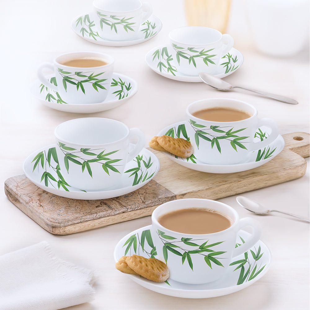 Borosil Larah Bamboo Leaves Cup n Saucer Set  of 12, 140ml