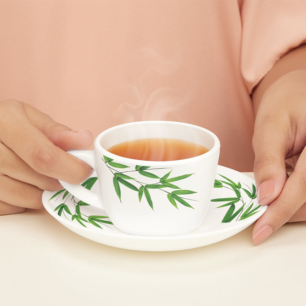 Borosil Larah Bamboo Leaves Cup n Saucer Set  of 12, 140ml