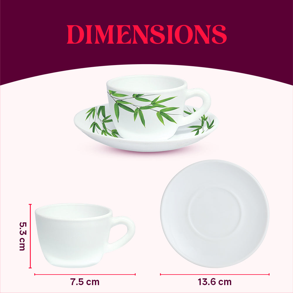 Borosil Larah Bamboo Leaves Cup n Saucer Set  of 12, 140ml