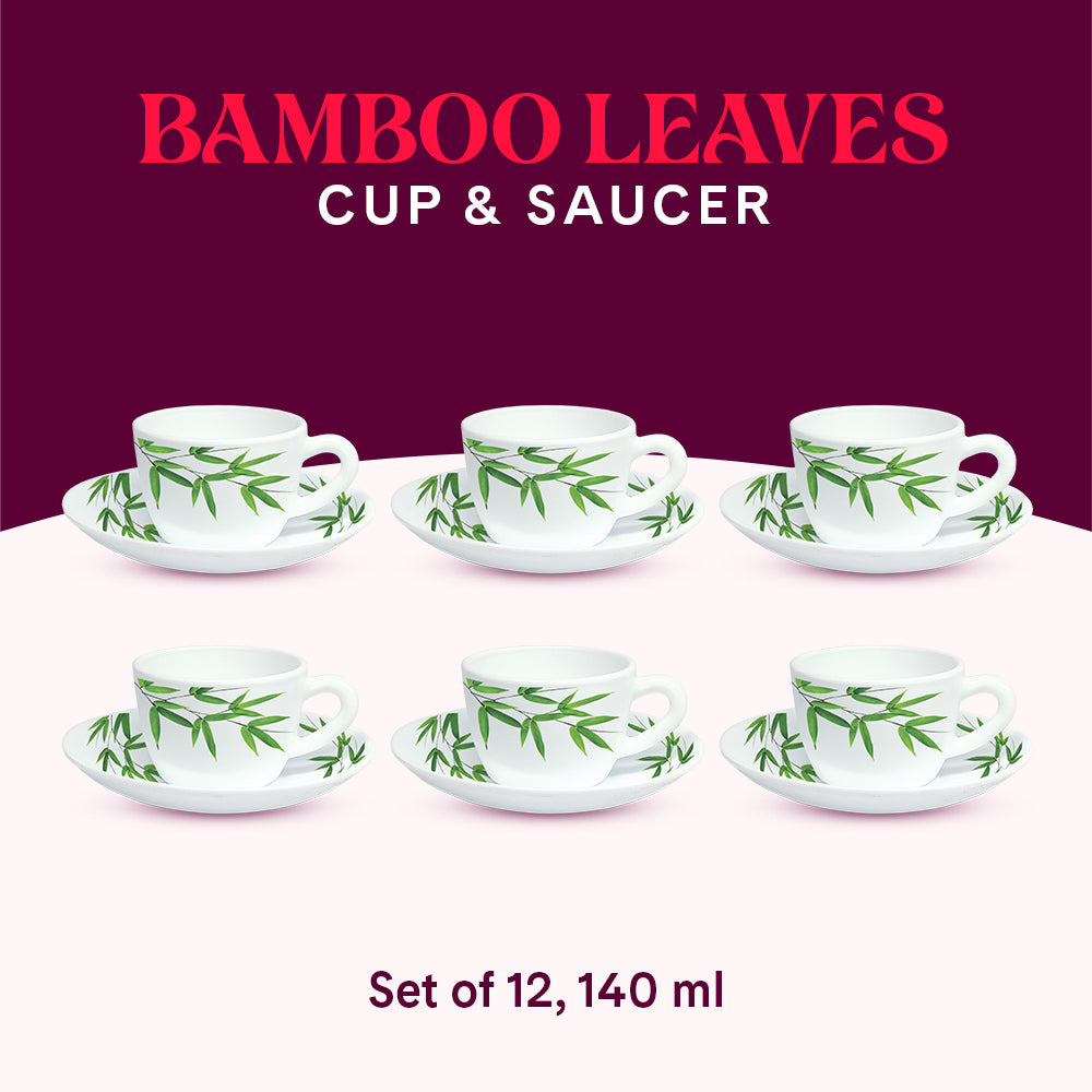 Borosil Larah Bamboo Leaves Cup n Saucer Set  of 12, 140ml