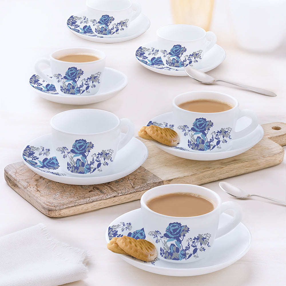 Borosil Larah Blue Cascade Cup n Saucer Set of 12, 140ml