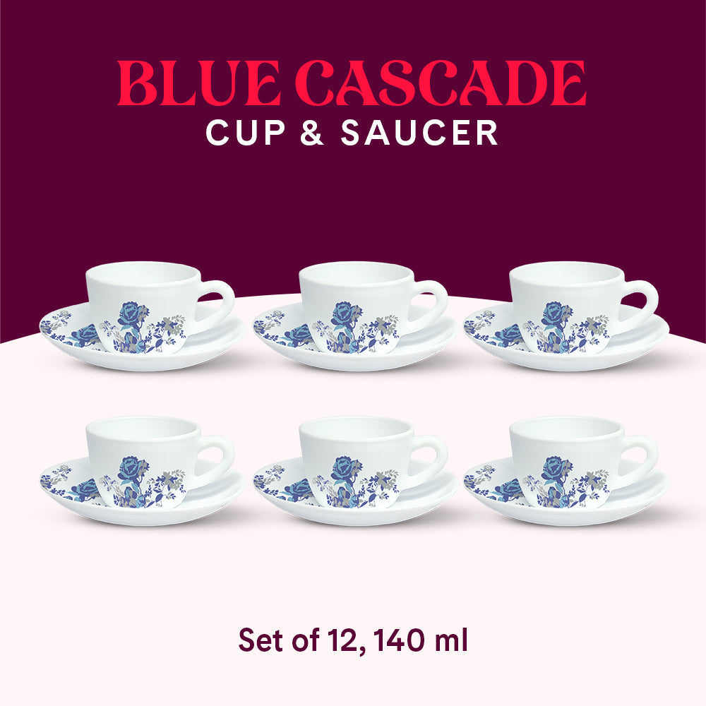 Borosil Larah Blue Cascade Cup n Saucer Set of 12, 140ml