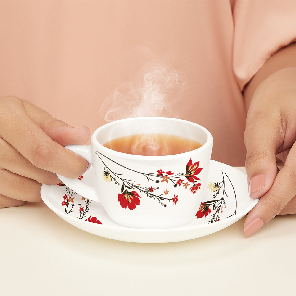 Borosil Larah Chrys Red Cup n Saucer Set, 140ml x 12
