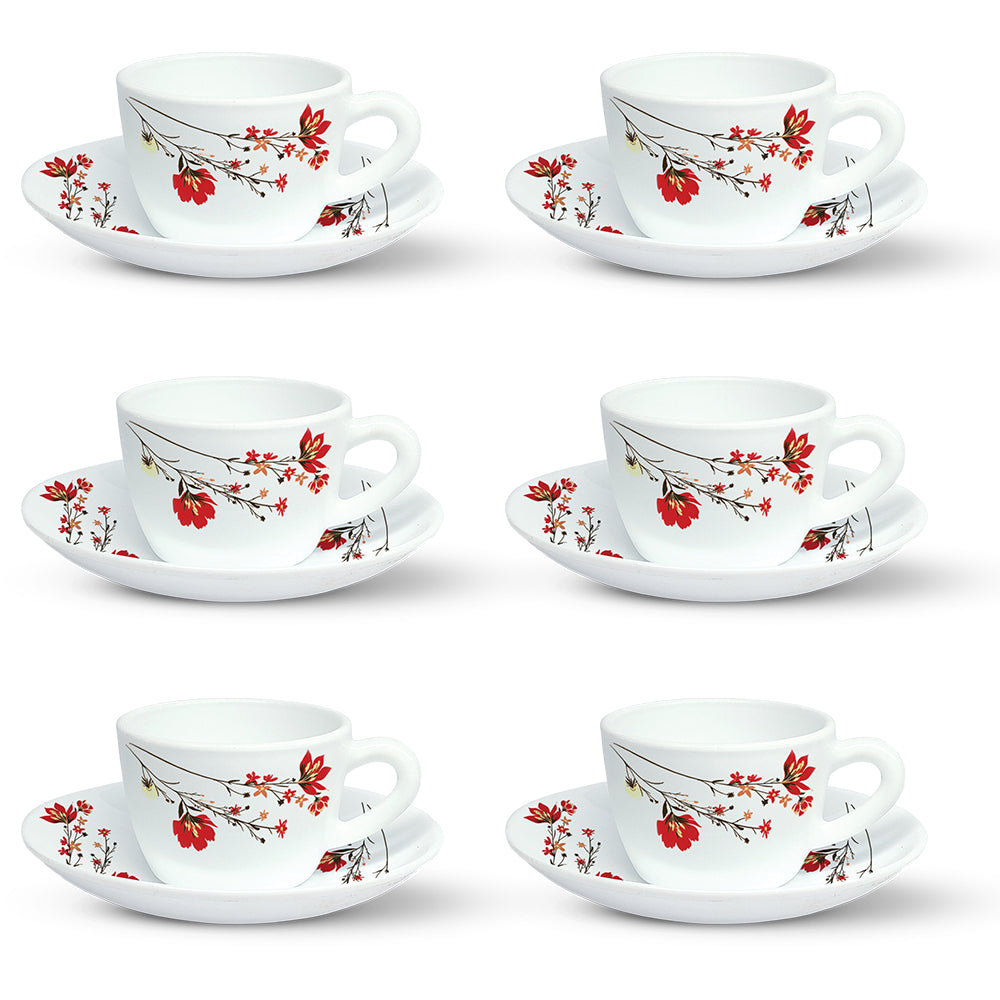 Borosil Larah Chrys Red Cup n Saucer Set, 140ml x 12