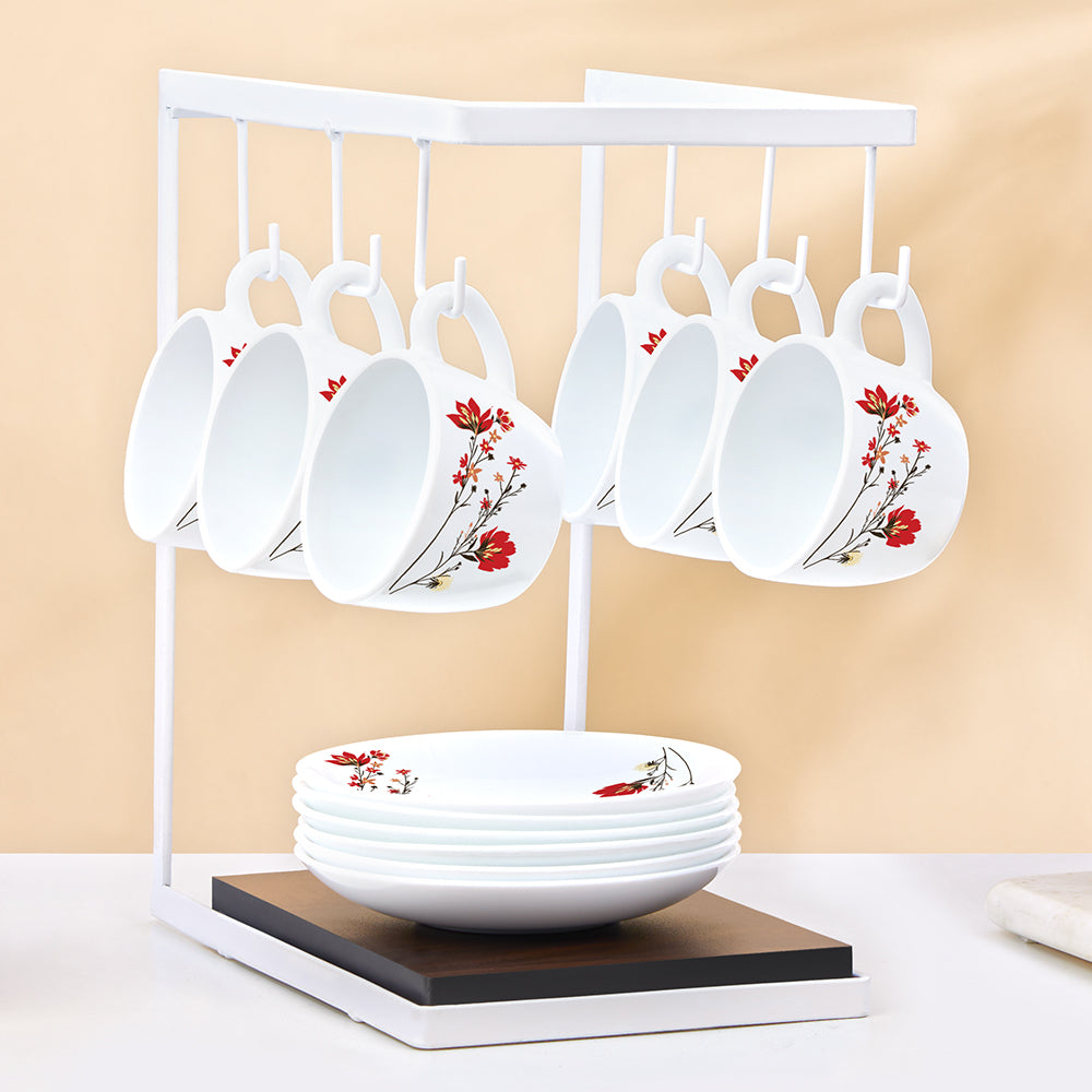 Borosil Larah Chrys Red Cup n Saucer Set, 140ml x 12