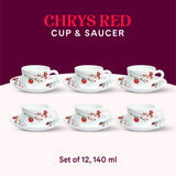 Borosil Larah Chrys Red Cup n Saucer Set, 140ml x 12