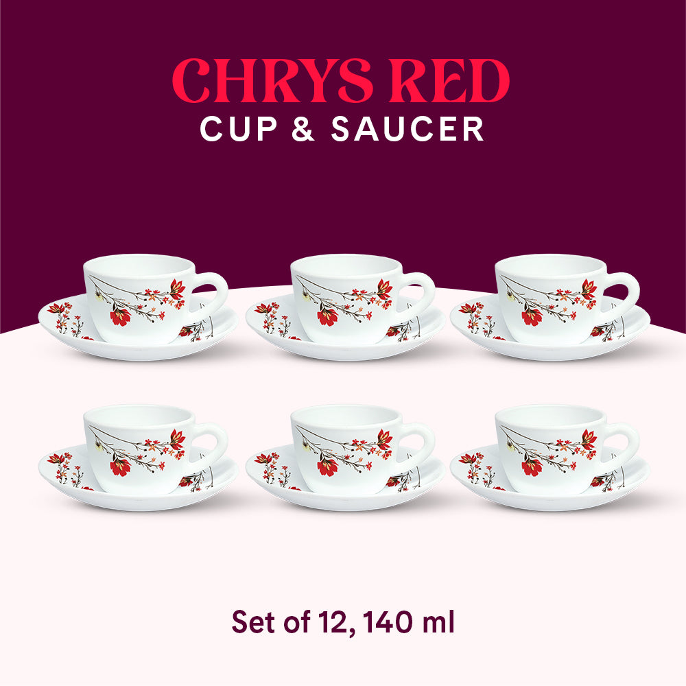 Borosil Larah Chrys Red Cup n Saucer Set, 140ml x 12