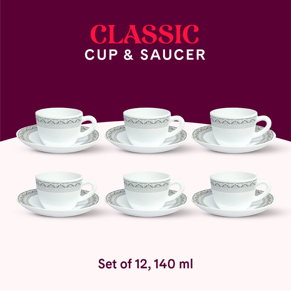 Borosil Larah Classic Cup n Saucer Set of 12, 140ml