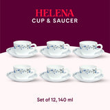 Borosil Larah Helena Cup n Saucer Set of 12, 140ml