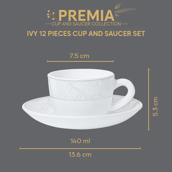 Borosil Larah Ivy Cup n Saucer Set of 12, 140ml