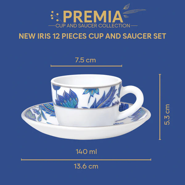Borosil Larah New Iris Cup n Saucer Set of 12, 140ml