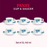 Borosil Larah Pansy Cup n Saucer Set of 12, 140ml