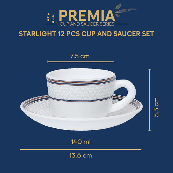 Borosil Larah Starlight Cup n Saucer Set of 12, 140ml