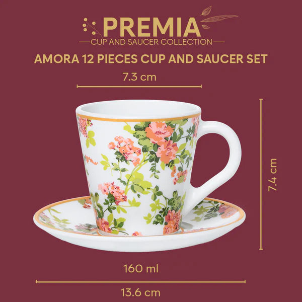Borosil Larah Amora Mug n Saucer Set of 6, 160ml
