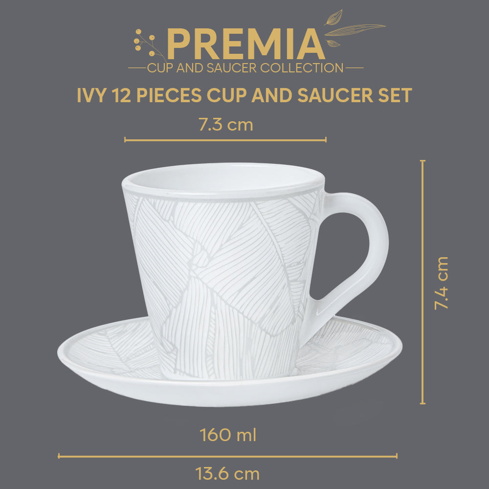 Borosil Larah Ivy Mug n Saucer Set of 6, 160ml