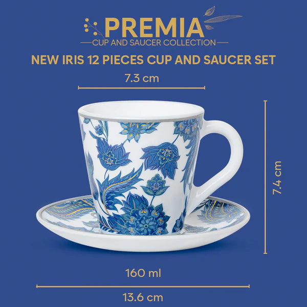 Borosil Larah New Iris Mug n Saucer Set of 6, 160ml