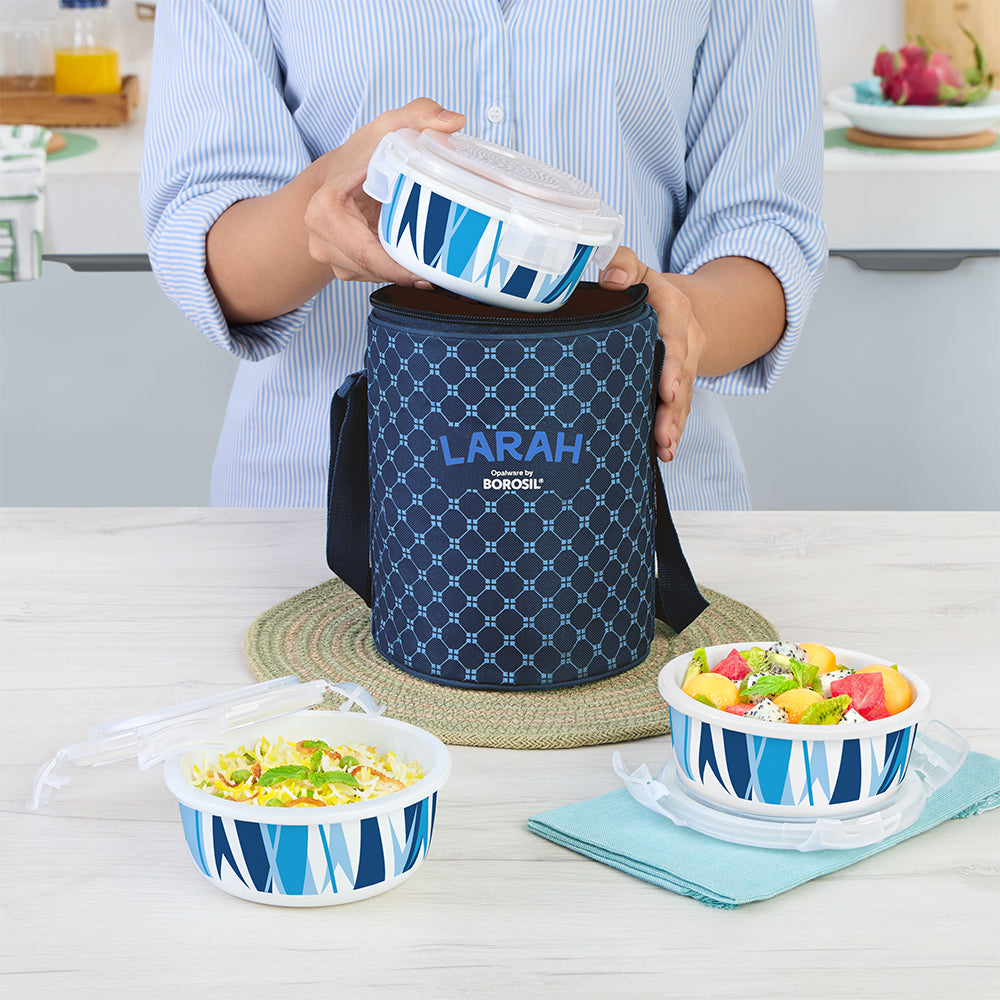 Borosil Larah Round Glass Lunchbox, Set of 3, 400ml