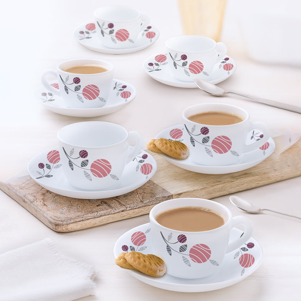 Borosil Larah Dahlia Cup n Saucer Set, 140ml x 12