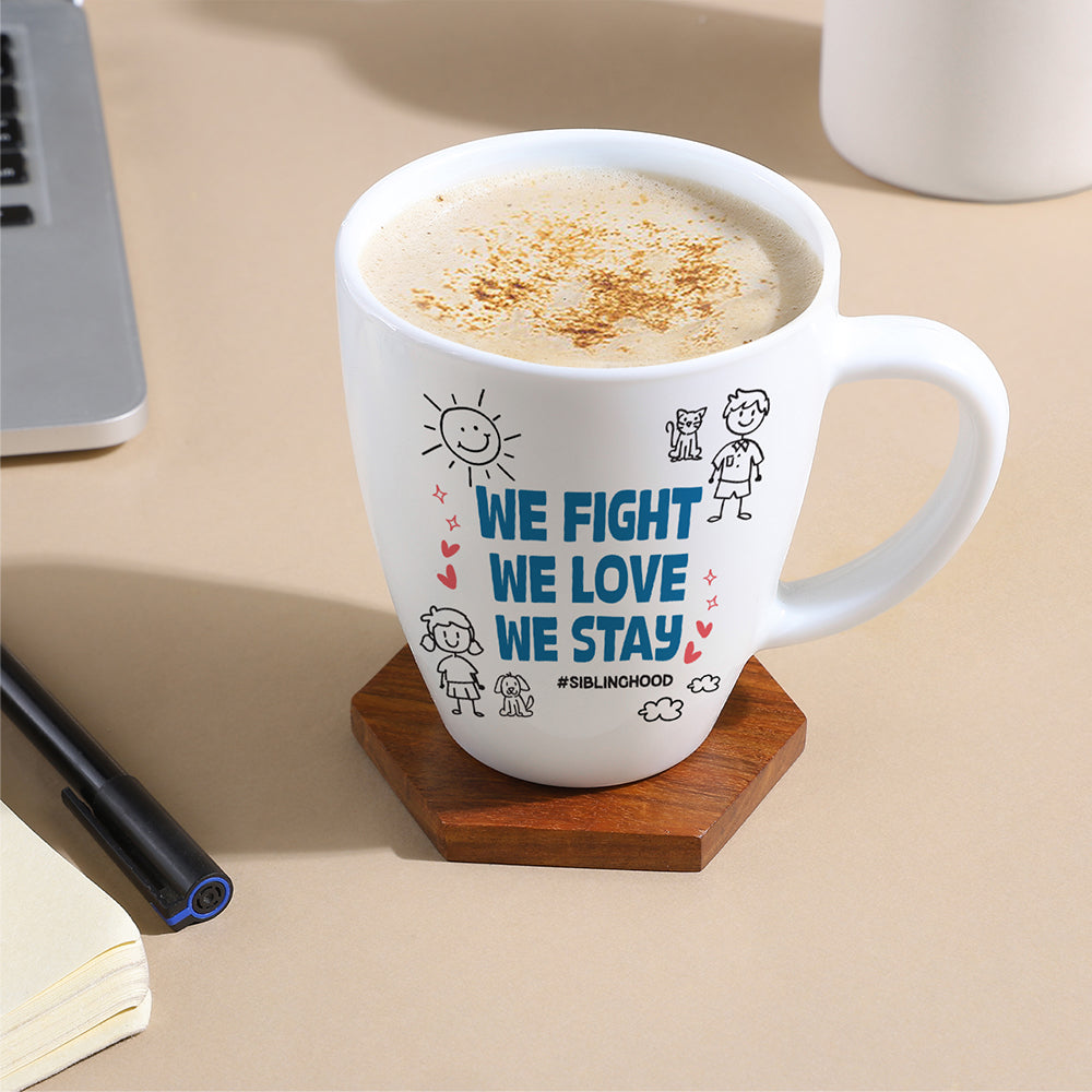 Borosil Larah Rakhi Opalware Mug, We Fight, We Love We Stay 390ml
