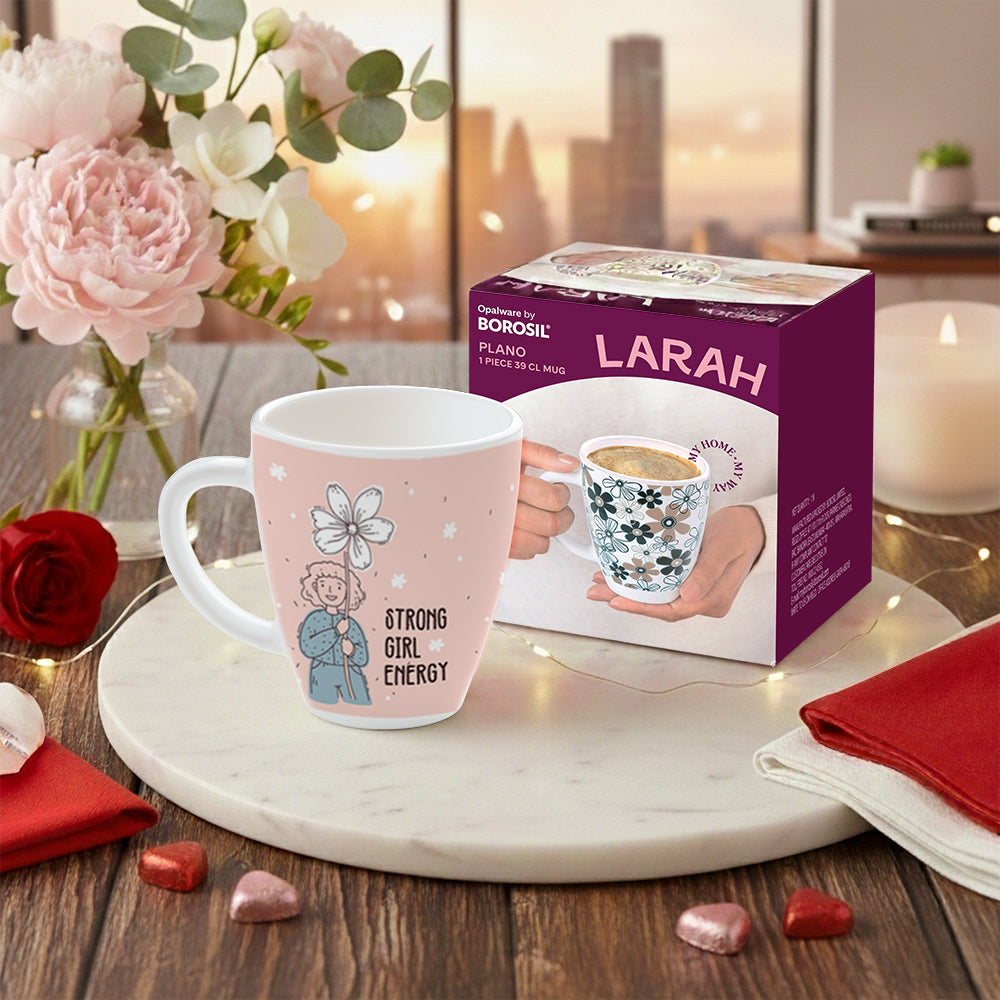 Borosil Larah Women's Day Opalware Mug, Happiness 390ml